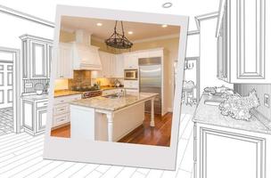 kundenspezifische Küchenzeichnung mit Fotobilderrahmen, der die fertige Konstruktion enthält foto