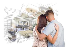 militärisches Paar mit Blick auf benutzerdefinierte Schlafzimmer-Design-Zeichnungs-Fotokombination foto