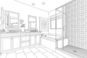 detaillierte Zeichnung eines benutzerdefinierten Hauptbadezimmers auf Weiß foto