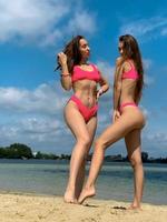 Zwei sexy Schwestern in rosafarbenen Badeanzügen posieren an einem Sandstrand foto