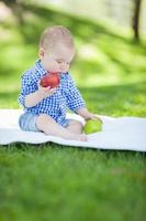 Mischlingsjunge sitzt auf einer Decke und vergleicht Äpfel mit Äpfeln draußen im Park foto