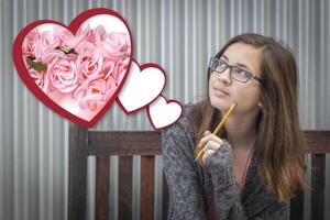 träumendes Mädchen neben schwebenden Herzen mit rosa Rosen foto