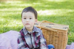 junger Mischlingsjunge, der im Park in der Nähe von Picknickkorb sitzt foto