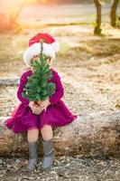 süßes junges Mädchen gemischter Abstammung, das Spaß mit Weihnachtsmütze und Weihnachtsbaum im Freien auf Baumstamm hat foto