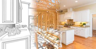 Küchenplanzeichnung, die in den Hausbaurahmen und dann in den fertigen Bau übergeht foto