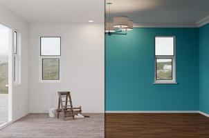 3D-Illustration eines unfertigen, rohen und neu umgebauten Zimmers des Hauses vorher und nachher mit Holzböden, Zierleisten, sattem Blau und Deckenleuchten. foto