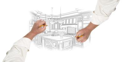 Zwei männliche Hände skizzieren eine schöne individuelle Küche foto