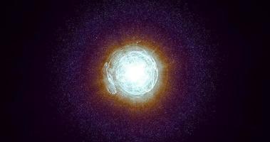hell leuchtender, glänzender sternenergiekugelball mit einer explosion von energie im kern auf einem schwarzen hintergrund hallo-tech-raum. abstrakter Hintergrund foto