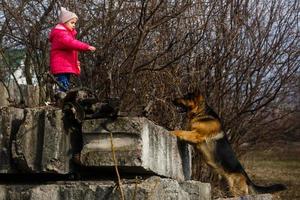 kleines Mädchen mit Hund auf der Straße, Gefahr, verschwommen, selektiver Fokus foto