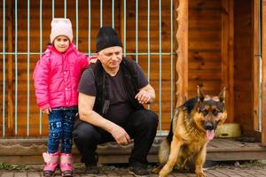 der mann beeinflusst den hund, gehorsamer und liebevoller hund, gefangene hunde ziehen ihre köpfe durch die gitter, der junge mann füttert einen hund, der mann trainiert foto