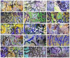 eine Reihe von vielen kleinen Fragmenten markierter Wände. Graffiti-Vandalismus abstrakte Hintergrundcollage foto