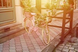 Altes rosafarbenes Fahrrad mit Blumenkorb als Dekoration foto