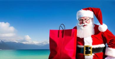 Der fröhliche Weihnachtsmann platziert Geschenkboxen. frohe weihnachten und schöne feiertage. foto