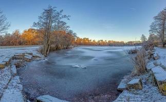 Panoramabild des zugefrorenen Sees bei frostiger Temperatur bei Sonnenaufgang foto