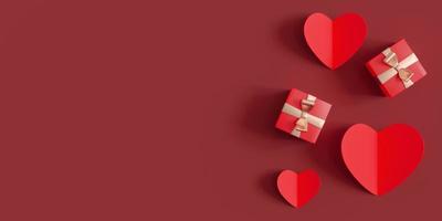 dunkelroter hintergrund mit herzen, geschenken und kopierraum. valentinstag, hochzeitskulisse. Leerraum für Werbetext, Einladung, Logo. postkarte, grußkartendesign. Liebessymbol. 3D-Rendering. foto