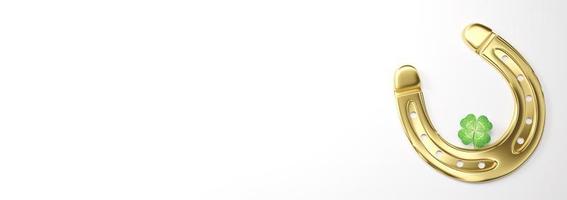Hufeisen mit Glücksklee auf weißem Hintergrund. 3D-Darstellung foto
