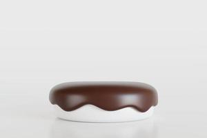 Schokoladentropfen auf dem Podium mit weißem Hintergrund, 3D-Rendering. foto