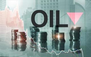 Ölpreis runter. Business-Hintergrund. Fass Pfeil nach unten. Öltrend nach unten. foto