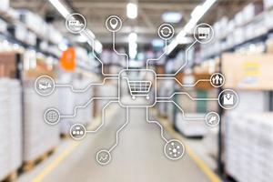 Retail-Marketing-Kanäle E-Commerce-Shopping-Automatisierungskonzept auf verschwommenem Supermarkt-Hintergrund foto