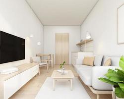 Wohnzimmer im japanischen Stil mit minimalistischem Sofa und TV-Schrank. 3D-Rendering foto