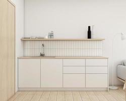 küchenraum im japandi-stil, dekoriert mit einem minimalistischen weißen schrank. 3D-Rendering foto