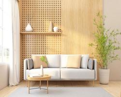 Wohnzimmer im Japandi-Stil mit minimalistischem Sofa und Beistelltisch. 3D-Rendering foto