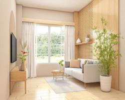 Wohnzimmer im Japandi-Stil mit minimalistischem Sofa und Fernsehschrank. 3D-Rendering foto