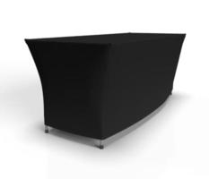Schwarzes Ausstellungstischtuch, das isoliert auf weißem Hintergrund läuft, linke perspektivische Ansicht für Mockup. 3D-Darstellung foto