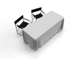 3D-Darstellung von zwei klappbaren Regiestühlen aus Aluminium und einem Trestle-Tisch mit einem weißen Tischtuch-Mockup aus einer perspektivischen Ansicht von oben isoliert auf weißem Hintergrund für Illustrationen und Mockups. foto