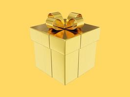 realistische goldene geschenkbox mit band. 3D-Rendering. Symbol auf gelbem Hintergrund foto