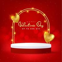 Happy Valentines Day Sale Produktpodium mit Lichtern und goldenen Herzen dekoriert foto