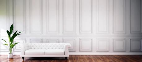 Modernes, klassisches weißes Interieur mit Chester-Sofa aus weißem Capitone-Leder, Stehlampe, Holzboden, Zierleisten. 3D-Renderinnenmodell. foto