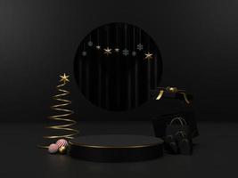 hintergrund 3d rendern weihnachten und neujahr farben gold und schwarz hintergrund. 3D-Design Weihnachten und Neujahr Luxus-Hintergrund. Konzept der frohen Weihnachten und des guten Rutsch ins neue Jahr. 3D-Darstellung foto