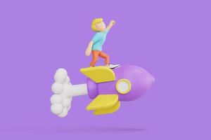 Innovations- und Startup-Konzept. Junge fliegt auf einer Rakete. 3D-Rendering foto