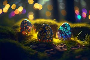 ostern, 9. april, christlicher tag zum gedenken an die auferstehung Jesu, ein symbol der hoffnung, wiedergeburt und vergebung, schmückt die ostereiersuche eier mit mustern und leuchtenden farben. foto