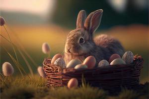 Kaninchen und Ei Ostertag 9. April wichtiger Tag Christentum zum Gedenken an die Auferstehung Jesu Symbol der Hoffnung Wiedergeburt und Vergebung Ostereiersuche dekorierte Eier Muster und leuchtende Farben foto