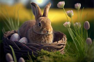Kaninchen und Ei Ostertag 9. April wichtiger Tag Christentum zum Gedenken an die Auferstehung Jesu Symbol der Hoffnung Wiedergeburt und Vergebung Ostereiersuche dekorierte Eier Muster und leuchtende Farben foto