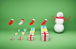 Schneemann mit Geschenkbox Winterkonzept 3D-Darstellung auf weißem Hintergrund. foto
