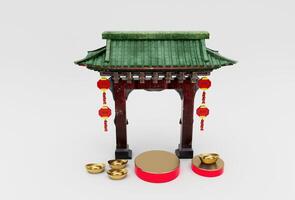 der eingang chinesisches bogentordekor mit hängenden laternen und podium 3d-illustration. foto