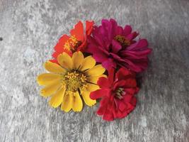 ästhetische bunte blumen auf holzstrukturhintergrund foto