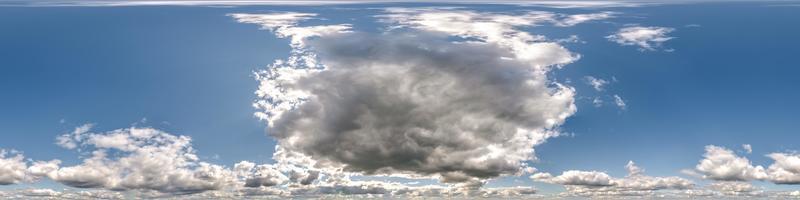 blauer himmel mit kumuluswolken als nahtloses hdri 360-panorama mit zenit in sphärischer gleichrechteckiger projektion kann als ersatz für die himmelskuppel in 3d-grafiken oder in der spielentwicklung verwendet und die drohnenaufnahme bearbeitet werden foto