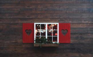 Rotes Fenster mit abgeschnittener Herzform, Holzhintergrund der Gebäudeaußenansicht mit Glasfenster mit verschwommenem Lichtbokeh, Horizonthintergrundbanner für Valentinstag oder Hochzeitskonzept foto