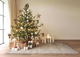 helles modernes wohnzimmer weihnachtsinterieur im skandinavischen stil. schöner weihnachtsbaum mit geschenkboxen und beleuchtung. Beiges leeres Wandmodell. 3D-Rendering-Illustration in hoher Qualität. foto