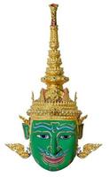 Die Maske des grünen Schauspielers verwendete Kopfbedeckungen für die Inszenierung isoliert auf weißem Hintergrund, die Pantomime der traditionellen Kultur in Thailand foto