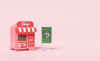 Store-Frontschild mit qr-Code-Scannen isoliert auf rosa Hintergrund. online-shopping-konzept, 3d-illustration, 3d-rendering foto