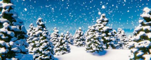 ein Spaziergang im verschneiten Wald zwischen den Weihnachtsbäumen bei Schneefall. 3D-Darstellung foto