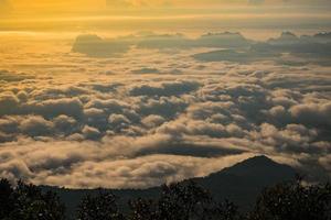 Erstaunlicher Morgensonnenaufgang über nebliger Landschaft bunter sommerlicher nebliger Waldblick auf dem obersten Hügel foto