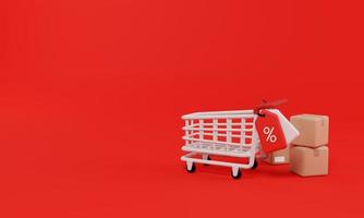 Einkaufswagen und Paketboxen auf rotem Hintergrund foto