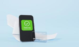 E-Commerce-Konzept. Smartphone-Display zeigt Transaktion mit langer Rechnung und Kreditkarte auf blauem pastellfarbenem Hintergrund foto
