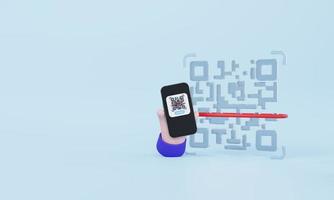 QR-Code scannen. hand, die den qr-code des smartphones auf blauem pastellhintergrund scannt foto